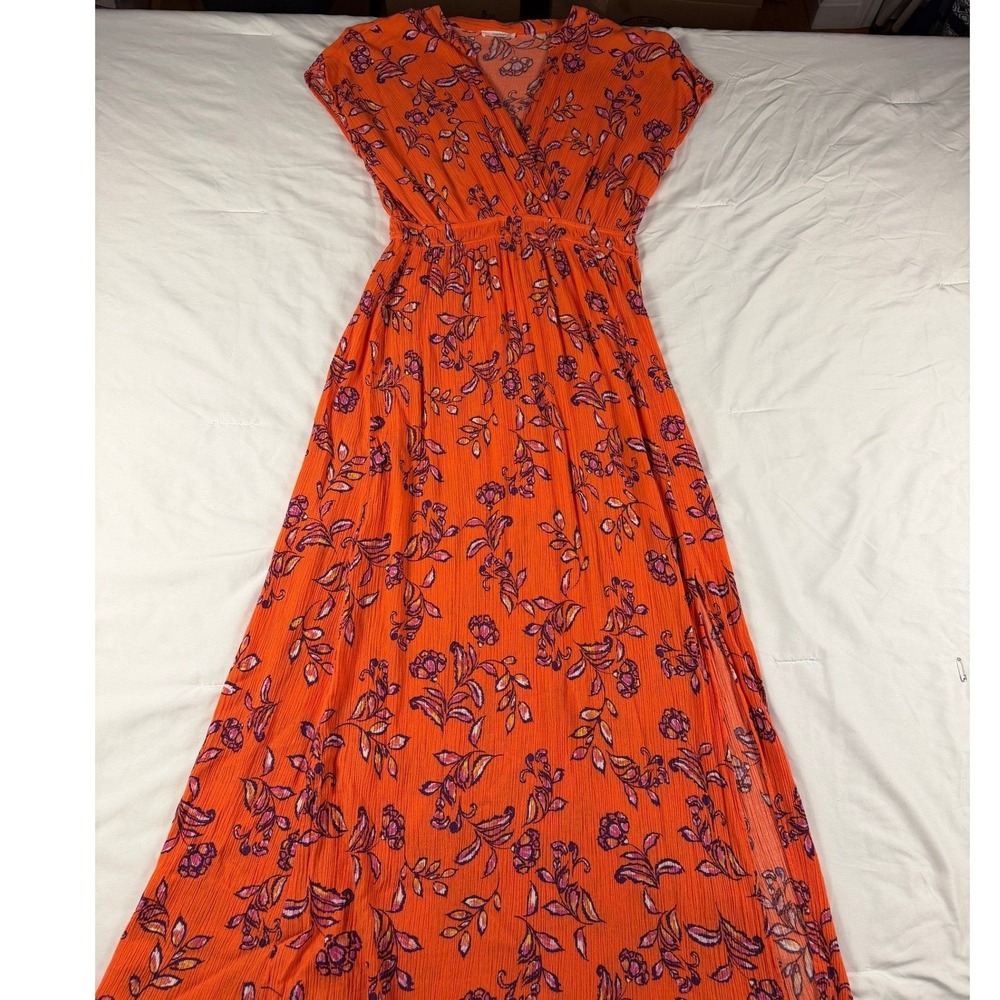 Timing Orange Floral Pleated Plissé Maxi Dress Womens V-Neck Boho Cap Sleeve - Picture 1 of 6